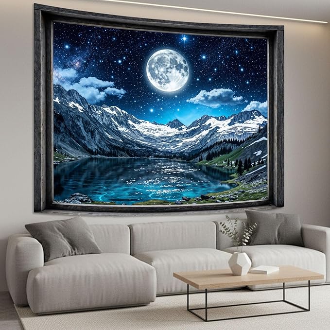Lifeel Fantasy Mountain Lake Tapestry, Snowy Peaks Moon Landscape Window Tapestries, Living Room Bedroom Decoration, 36x48 inches