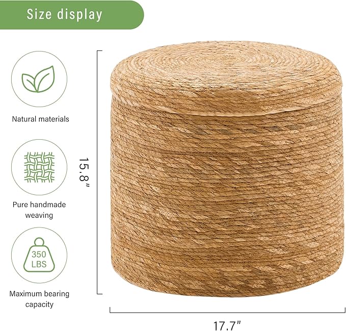 Wimarsbon Round Pouf Ottomans, Handwoven Natural Water Hyacinth Seagrass Pouffe,Outdoor Rattan Stool Accent Seat, Bohemian Coastal Home Decor (Storage - 18inch Natural Cattail)