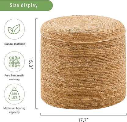 Wimarsbon Round Pouf Ottomans, Handwoven Natural Water Hyacinth Seagrass Pouffe,Outdoor Rattan Stool Accent Seat, Bohemian Coastal Home Decor (Storage - 18inch Natural Cattail)