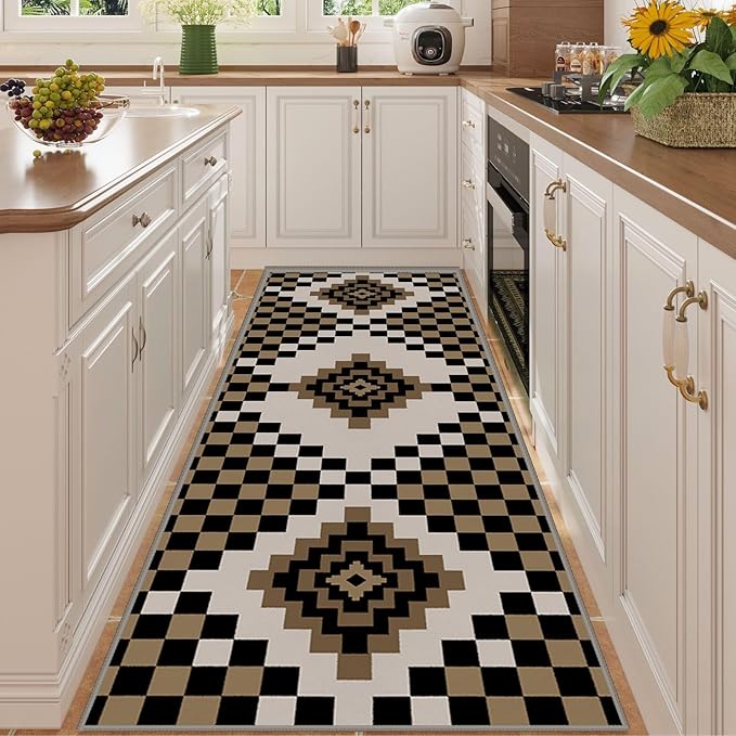 Retro Moroccan Farmhouse Decor Rug Runners for Hallways, 1.3x7ft, Black Linen Checkered Entryway Carpet, Rubber Backed Low Pile Easy Clean Carpets, Durable Reduce Noise Rugs for Floor
