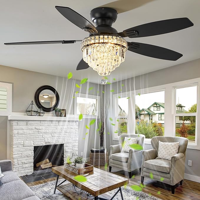 Crystal Ceiling Fan Fandelier with Lights-Ceiling Fans,50" Low Profile and Remote Control, Flush Mount, Reversible, Dimmable, Noiseless,Ceiling Fan for Bedroom（Black）