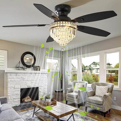 Crystal Ceiling Fan Fandelier with Lights-Ceiling Fans,50" Low Profile and Remote Control, Flush Mount, Reversible, Dimmable, Noiseless,Ceiling Fan for Bedroom（Black）