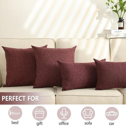 Stellhome Burlap Large Throw Pillow Covers Textured Farmhouse Linen Pillowcase for Bed Couch Sofa Bench Rustic Pillows Neutral Accent Cushion Cases Set of 2, 24 x 24 inch (60 x 60 cm), Burgundy