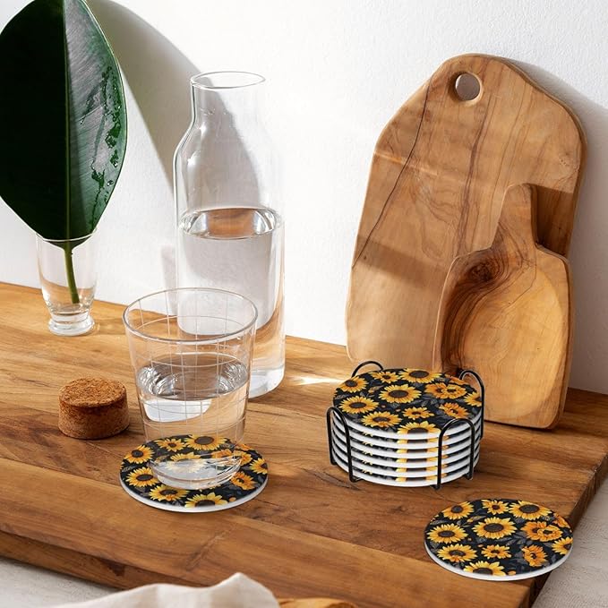 6 Pcs Ceramic Coasters with Holder Absorbent Drink Round Sunflower Style6 Design for Home Table Coffee Cup Wine Beer Bar,Size 4.4 inches