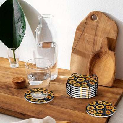 6 Pcs Ceramic Coasters with Holder Absorbent Drink Round Sunflower Style6 Design for Home Table Coffee Cup Wine Beer Bar,Size 4.4 inches
