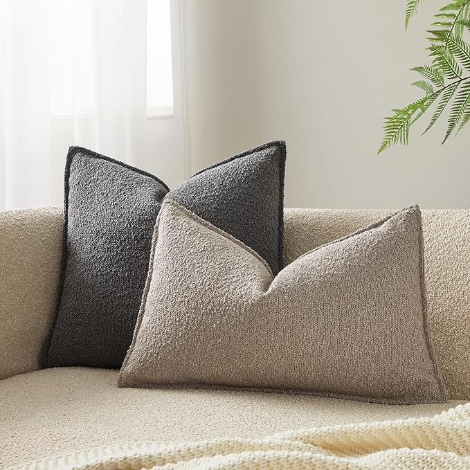 JUSPURBET 16x24 Throw Pillow Covers Set of 2 Decorative Pillow Covers for Couch Sofa Bed Cozy Boucle Textured Lumbar Cushion Covers Cases with Invisible Zipper for Living Room Home Decor,Gray