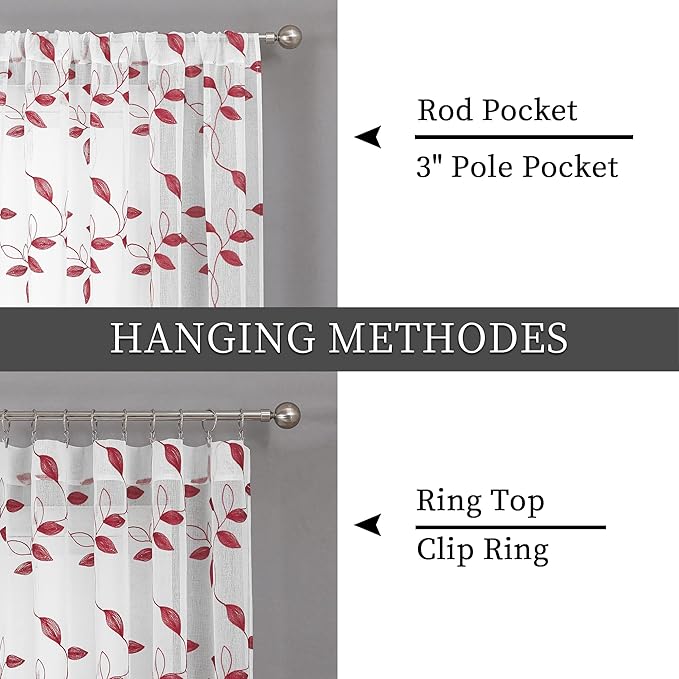 Tollpiz Burgundy Red Leaf Sheer Curtains Leaves Embroidered Living Room Short Curtain Rod Pocket Voile Window Treatments for Bedroom, 54 x 45 inches Long, Set of 2 Panels