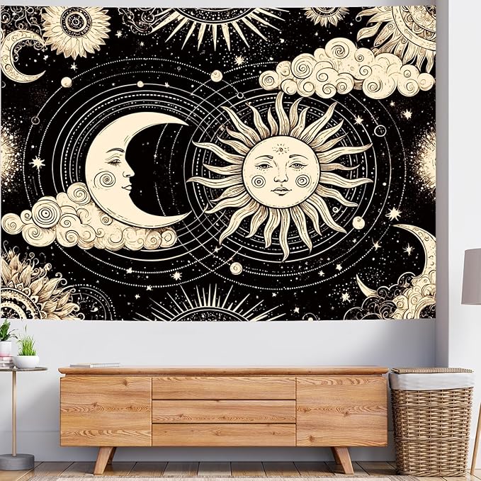 Delur Sun and Moon Tapestry Black Dark Boho Spiritual Burning Sun Tapestry Wall Hanging Mystic Aesthetic Cloud Abstract Star Psychedelic Headboard for Bedroom Living Room Home Decor (59.1" x 78.7")