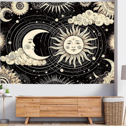 Delur Sun and Moon Tapestry Black Dark Boho Spiritual Burning Sun Tapestry Wall Hanging Mystic Aesthetic Cloud Abstract Star Psychedelic Headboard for Bedroom Living Room Home Decor (59.1" x 78.7")