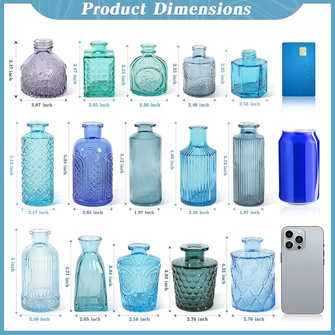 Set of 15 Blue Colored Glass Bud Vases - Small Textured Flower Vases for Centerpieces, Wedding Table Decor, Retro Home Decor Bulk Vase Set for DIY, Events & Gifts