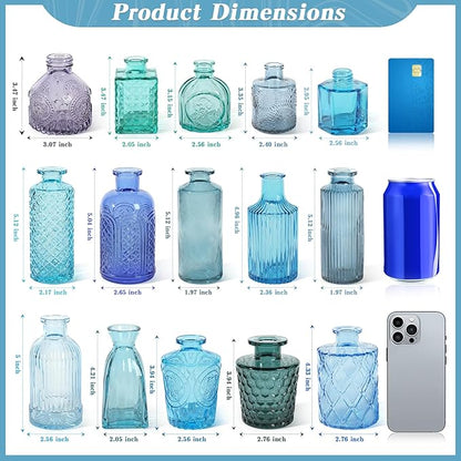 Set of 15 Blue Colored Glass Bud Vases - Small Textured Flower Vases for Centerpieces, Wedding Table Decor, Retro Home Decor Bulk Vase Set for DIY, Events & Gifts
