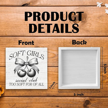 Coquette Cherry Bow Girl Wood Box Sign Desk Decor, Cute Trendy Pink Decor, Coquette Party Wooden Block Sign Decorations for Home College Dorm Apartment Girl Room Wall Tabletop Shelf Decor