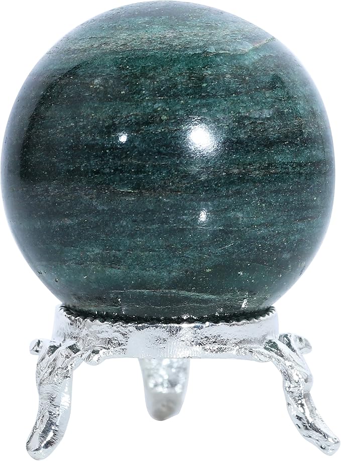 Crocon 35mm Green Aventurine Stone Sphere Ball with Metal Stand 1400+ Carats Gemstone Ball Healing Sphere Sculpture Figurine for Fengshui Divination Home Decoration Photography Crystal Sphere