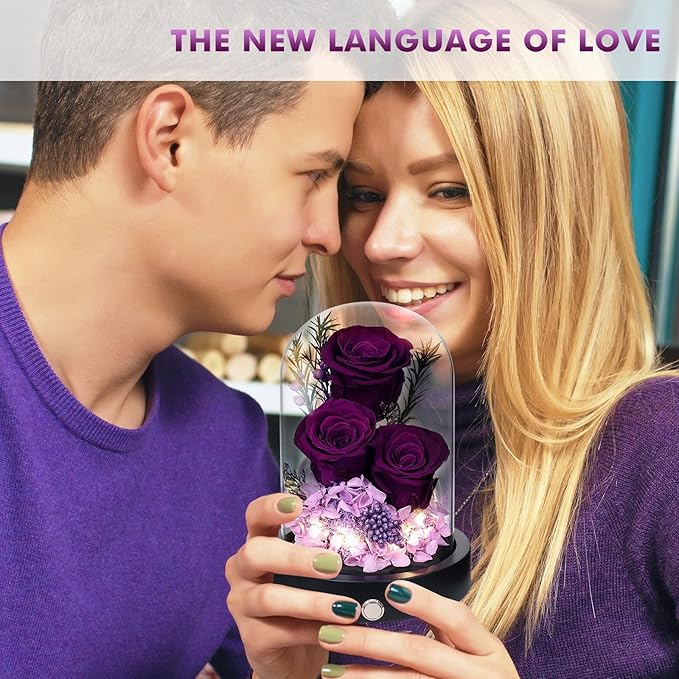 Flowers Gifts for Women, Preserved Roses in Glass Dome, Forever Flowers for Delivery Mothers Day Birthday Gifts for Mom Wife Girlfriend on Valentines Day Anniversary Christmas Purple