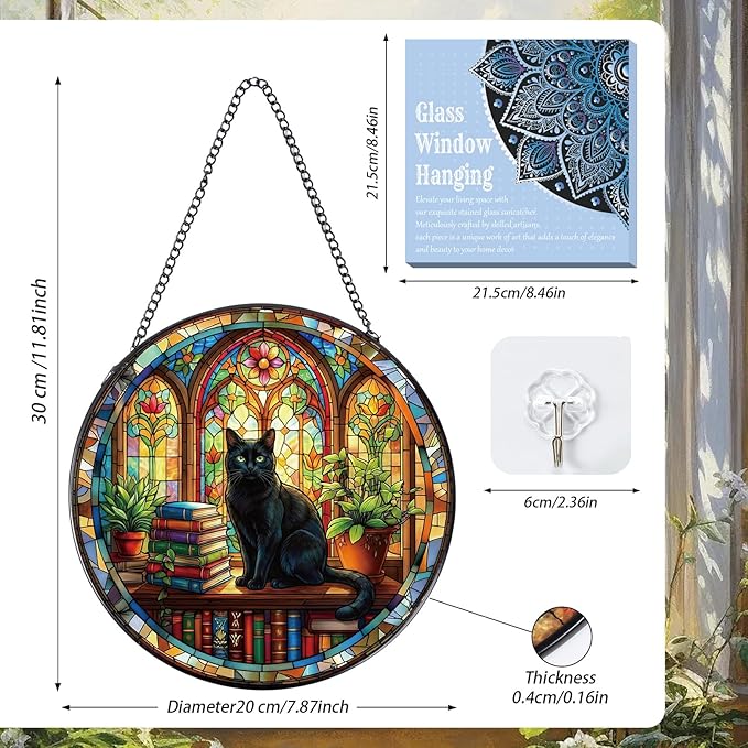 Rngmsi Stained Glass Window Hanging, 8 Inch Sun Catcher Cat and Book Theme Gift for Housewarming, Decorative Suncatchers Gifts for Wall Art Landscape Hanging Home Decor