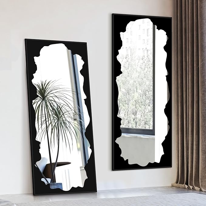 Full-Length Mirror Free Standing Leaning Mirror with Artistic Black Abstract Overlay Deco, 70"x30" Shatterproof Wall-Mounted Mirror, Perfect for Living Room, Bedroom, Cloakroom, and Bathroom Decor