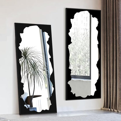 Full-Length Mirror Free Standing Leaning Mirror with Artistic Black Abstract Overlay Deco, 70"x30" Shatterproof Wall-Mounted Mirror, Perfect for Living Room, Bedroom, Cloakroom, and Bathroom Decor