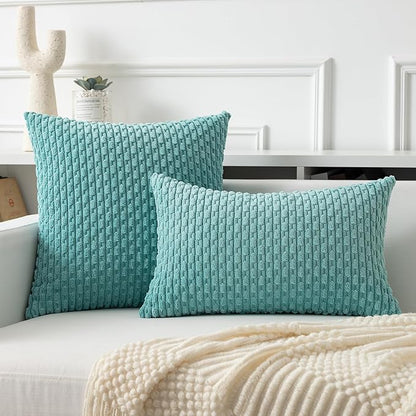Kevin Textile 12x24 Inch Pillow Cover 1 Pack Boho Decorative Soft Striped Corduroy Lumbar Farmhouse Color Accent Rectangle Cushion Case for Living Room Couch Sofa Bed, Aqua Green