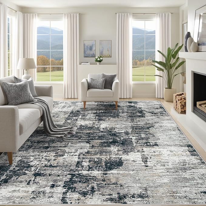 8x10 Area Rugs for Living Room, Washable Modern Abstract Large Area Rug Neutral Soft Non Slip Kids Rug Stain Resistant Indoor Carpet for Bedroom Nursery Dining Room Playroom Office(BlackGrey, 8'x10')