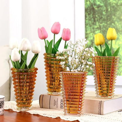 MCMCNCUIU Crystal Flower Vase Set of 4, Glass Vases for Centerpieces, Amber Vases for Flowers, Small Vase for Living Room, Bedroom, Kitchen, Office, Wedding