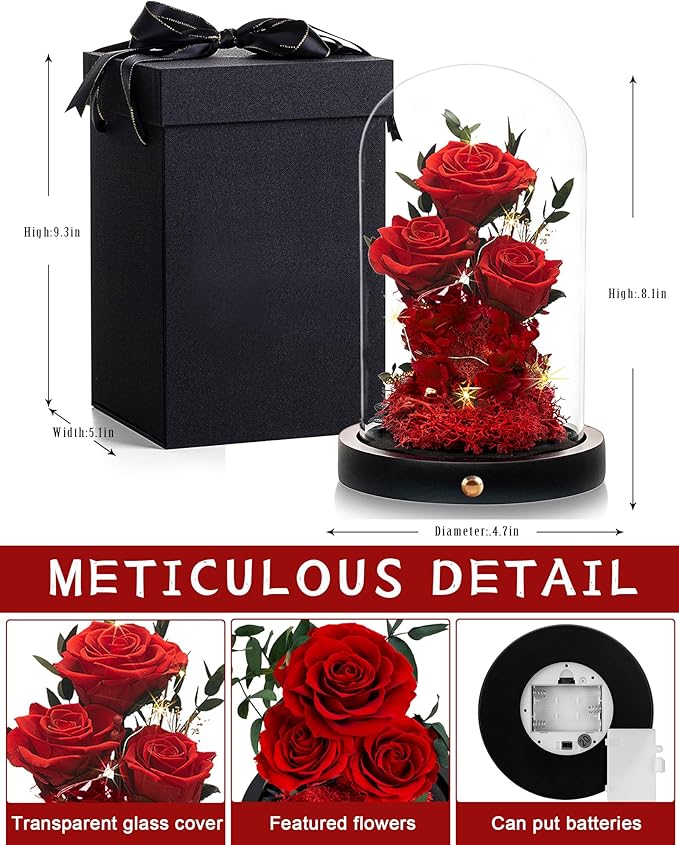 Valentines Day Flowers Roses Gifts for Her,Forever Real Preserved Roses in Glass Dome,Valentines Day Anniversary Birthday Gifts for Wife Girlfriend Women Mom Best Friend Her/Red Rose