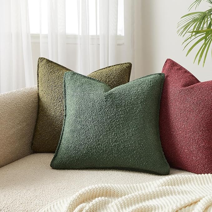 JUSPURBET Green Decorative Pillow Covers 22x22 Set of 2 Throw Pillow Covers for Couch Sofa Bed Cozy Boucle Textured Cushion Covers Cases with Hidden Zipper for Living Room Home Decor