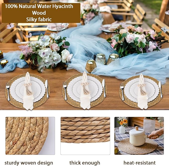 18 Pcs Boho Woven Placemats, Wood Bead Napkin Rings, and Dinner Cloth Napkins Set, 13" Handmade Round Wicker Farmhouse Rustic Placemats, Rattan Chargers for Dinner Plates for Thanksgiving Table Decor
