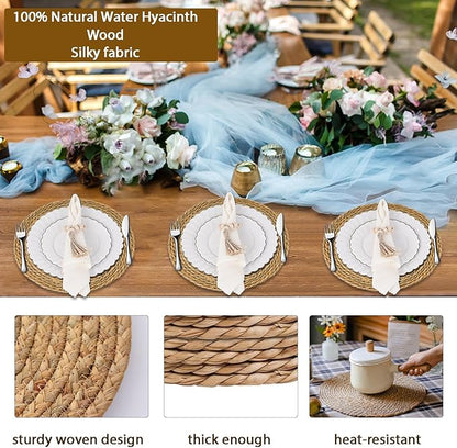 18 Pcs Boho Woven Placemats, Wood Bead Napkin Rings, and Dinner Cloth Napkins Set, 13" Handmade Round Wicker Farmhouse Rustic Placemats, Rattan Chargers for Dinner Plates for Thanksgiving Table Decor