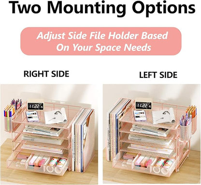 OPNICE Desk Organizer, 5-Tier Paper File Organizer with Drawer & Pen Holder, Office Desk Accessories, Workspace Desktop Organizer for Office Supplies(Rose Gold)