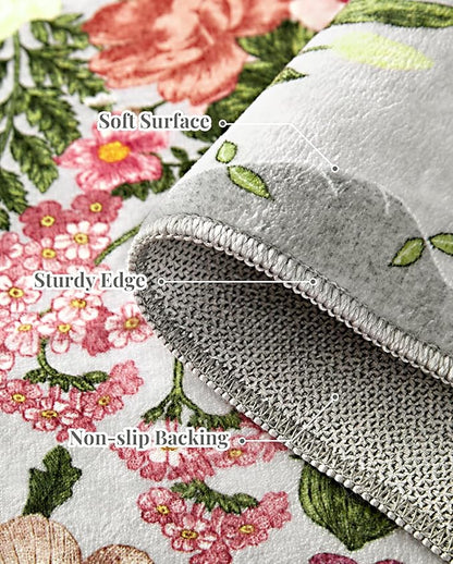 Floral Bedroom Rug - 4x6 Washable Area Rugs Non-Slip Soft Low-Pile Stain Resistant Carpet Flower Print Vintage Indoor Rug forLiving Room Dining Room Office Nursery Room, Grey