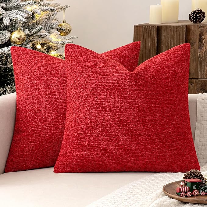MIULEE 20x20 Inch Christmas Decorative Pillow Covers for Couch Bed Set of 2 Textured Boucle Neutral Winter Throw Pillows Red Accent Solid Cushion Pillowcases Sofa Livingroom Home Decor