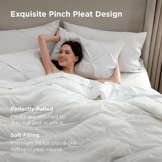 Bedsure California King Comforter Set White - Bed in a Bag Cal King Bedding Set 7 Pieces, GentleSoft™ Pintuck Bed Set Gift for Family, Pinch Pleat White Comforter with Sheets, Pillowcases & Shams