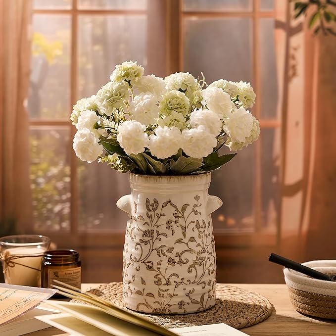 SIDUCAL Ceramic Rustic Vase with 2-Ear, 7.6 Inch Ice Cracked Vintage Pastoral Vase, Rustic Farmhouse Vases for Home Decor, Table, Living Room, Shelf Decor, Chinoiserie Decor, Brown Floral Pattern