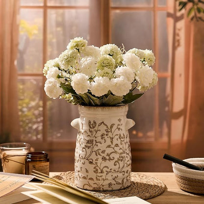 SIDUCAL Ceramic Rustic Vase with 2-Ear, 7.6 Inch Ice Cracked Vintage Pastoral Vase, Rustic Farmhouse Vases for Home Decor, Table, Living Room, Shelf Decor, Chinoiserie Decor, Brown Floral Pattern