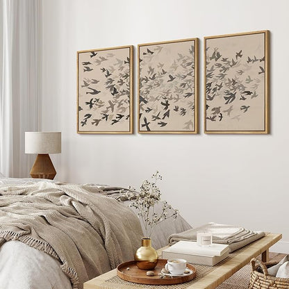 MUDECOR Framed Wall Art Print Set Minimalist Subtle Birds in Motion Illustrations Modern Art Boho Decorative Colorful Chic for Living Room, Bedroom, Office - 16"x24"x3 Natural
