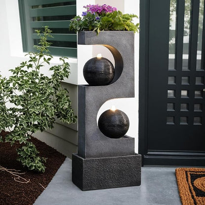 46''H Outdoor Water Fountain with LED Light, Modern Sphere Floor Waterfalls Fountains Indoor for Garden Patio Yard Deck Home Decor Lawn Porch House