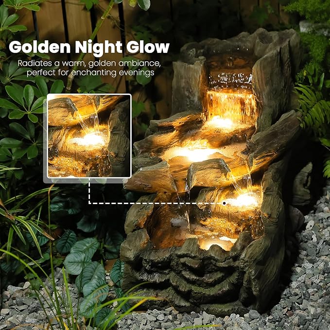 34.25" L Outdoor Water Fountain with 3 Tiers Large Cascading Realistic Tree Trunk Waterfall Fountains with LED Lights Outdoor Water Fountain for Garden Patio Backyard Porch Home Decor