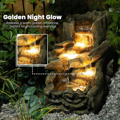 34.25" L Outdoor Water Fountain with 3 Tiers Large Cascading Realistic Tree Trunk Waterfall Fountains with LED Lights Outdoor Water Fountain for Garden Patio Backyard Porch Home Decor