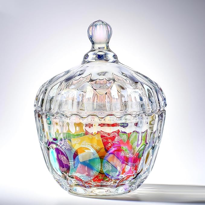 kanpura 11.5 oz Glass Candy Dish with Lid Colorful Candy Jar for Office Desk Decorative Glass Jar for Buffet, Snacks, Coffee Beans 5.5″Tall