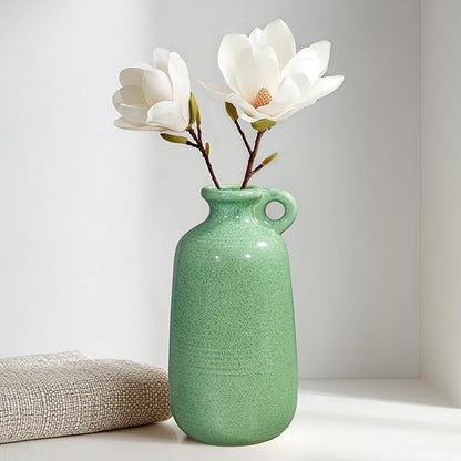 Sunddo Green Ceramic Vase 10 Inch - Modern Decorative Vase with 1 Handle, Table, Shelf Bookshelf, Mantel, Entryway Decor and Centerpieces