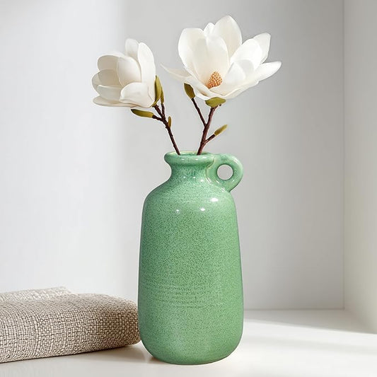 Sunddo Green Ceramic Vase 10 Inch - Modern Decorative Vase with 1 Handle, Table, Shelf Bookshelf, Mantel, Entryway Decor and Centerpieces