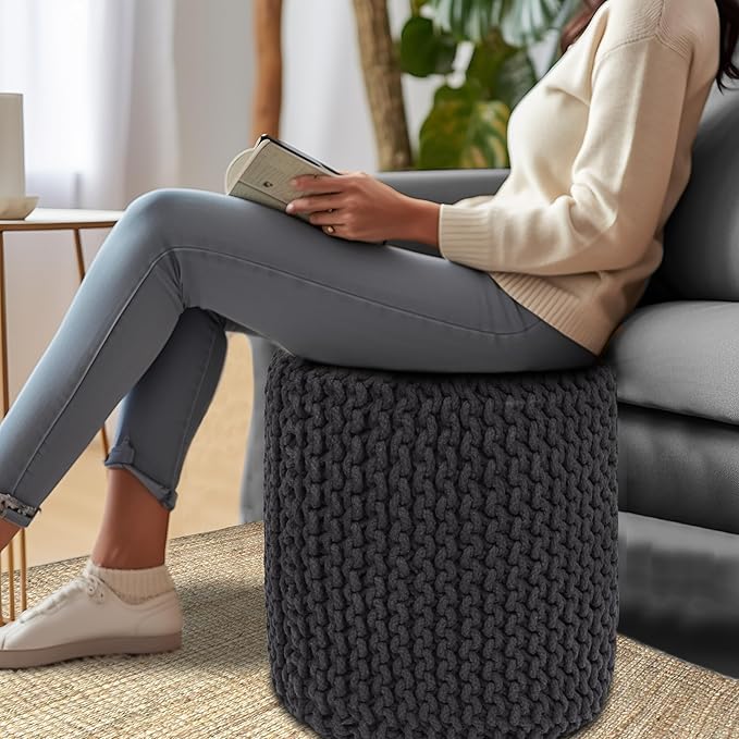 COTTON CRAFT Braided Round Pouf - Hand Knitted Cotton Cord Cable Dori Cylindrical Floor Pouf - Foot Stool Ottoman Footrest - Accent Seat - Living Room Bedroom Dorm Décor - 15 Round x 16 H - Grey