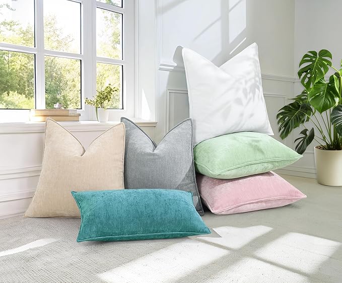 decorUhome Spring Couch Throw Pillow Covers 20x20 Set of 2, Decorative Soft Velvet Neutral Chenille Pillow Covers with Elegant Design for Sofa Bed Living Room Home Decor, Teal