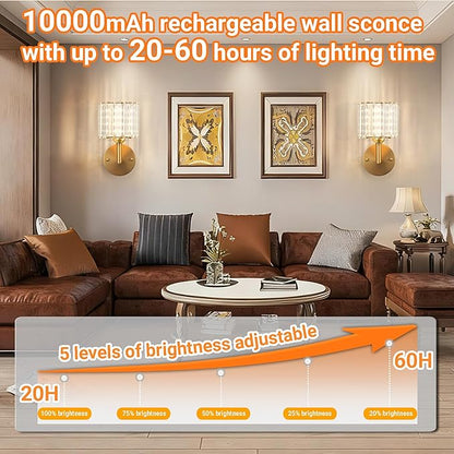 Battery Operated Wall Sconces Set of 2, Wireless Wall Light with 10000mAh RGB Dimmable Magnetic Bulb, Rechargeable Wall Sconce with Remote Control for Bedroom Living Room