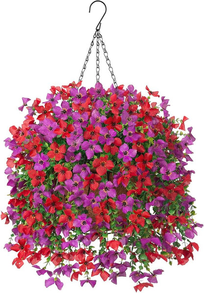 Artificial Hanging Flowers Plants with Basket for Outdoors, Realistic Faux Silk Daisy Flower Eucalyptus for Spring Decor, UV Resistant Fake Plants for Porch Patio Yard Balcony, Red Purple