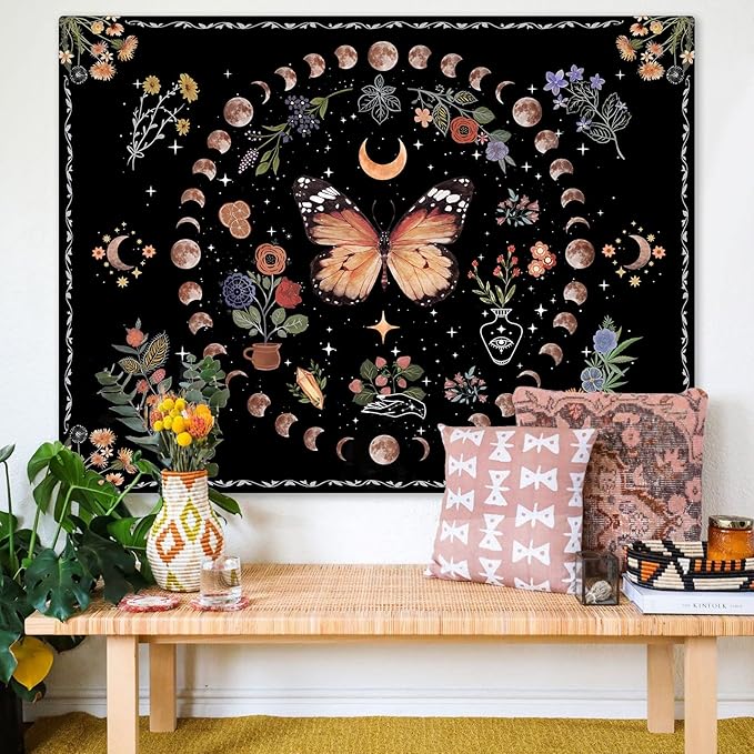 Fowocu Orange Butterfly Moon Flower Tapestry Boho Floral Plant Tapestries for Bedroom Aesthetic Tapastry's Wall Hanging Mandala Botanical Wall Tapestry for Living Room Dorm (Yellow, 60'' × 44'')
