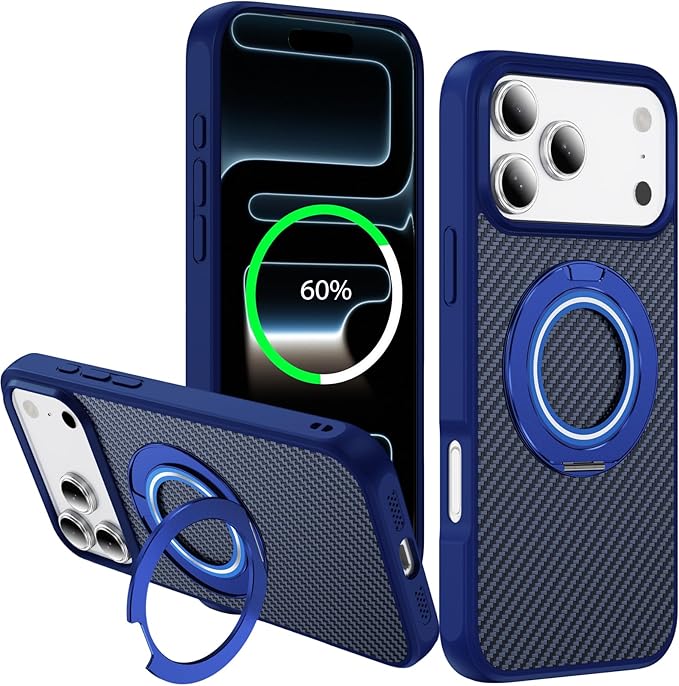 Mag-Stand Carbon Fiber Case for iPhone 17 Pro, 360° Rotate Magnetic Stand, Compatible with MagSafe, 15FT Military Protection, Slim Shockproof Magnetic Kickstand Mag Phone Case for Men Women
