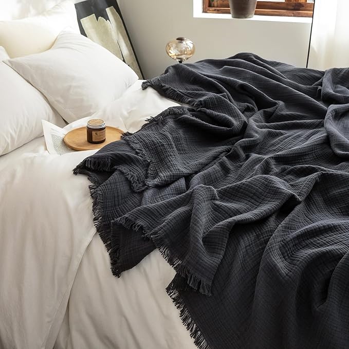 FOSSA Muslin Blanket with Fringe - 4-Layer 100% Cotton Gauze Super Soft & Breathable Throw -Lightweight Decorative Cooling Blanket for Bed, Sofa, Office -Throw XL Size 70" x 50" (Dark Gray)