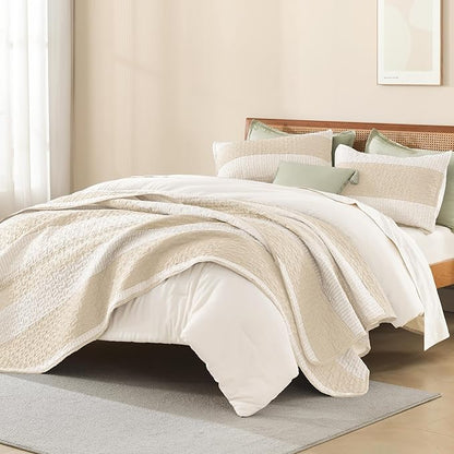 Litanika Quilt Queen Size Beige, Stripe Patchwork Summer Bedspread Coverlet 3 Pieces, Soft Lightweight Microfiber Quilted Bedding Set for All Season(1 Quilt, 2 Pillowcases)