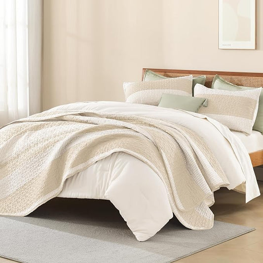 Litanika Quilt Queen Size Beige, Stripe Patchwork Summer Bedspread Coverlet 3 Pieces, Soft Lightweight Microfiber Quilted Bedding Set for All Season(1 Quilt, 2 Pillowcases)